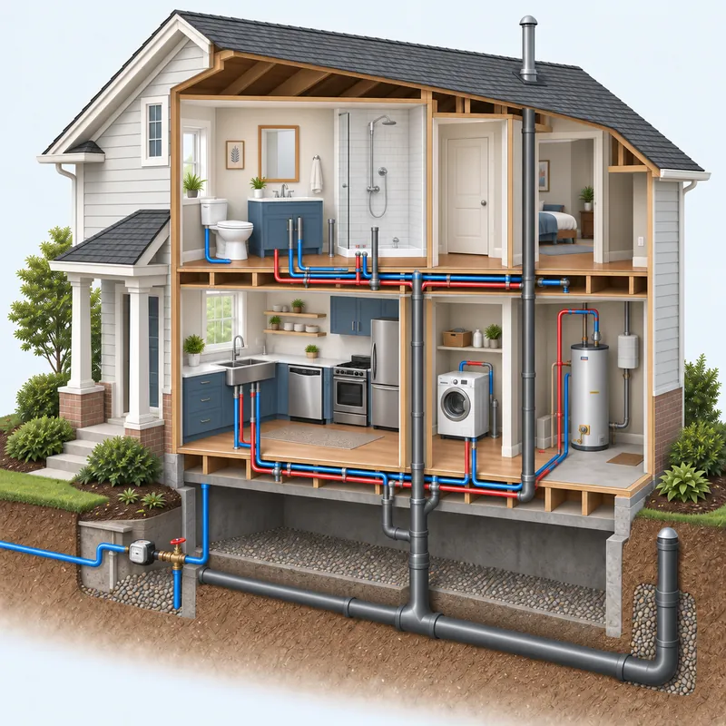 Illustrative home plumbing cutaway