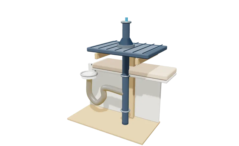 Illustrated 3D model of the plumbing vent in a room setting, with its parts in place