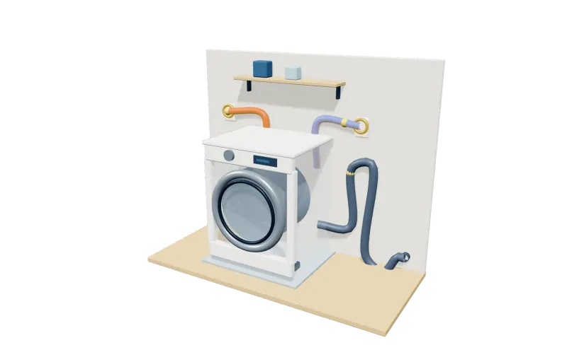 Illustrated 3D model of the laundry connections in a room setting, with its parts in place