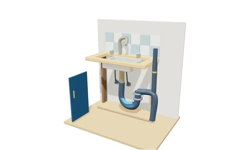 Illustrated 3D model of the kitchen sink & trap in a room setting, with its parts in place