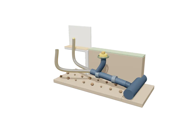 Illustrated 3D model of the main drain & cleanout in a room setting, with its parts in place