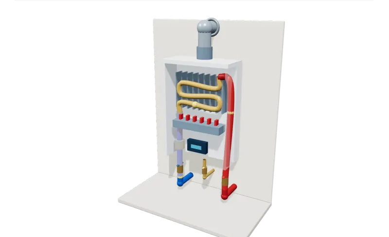 Illustrated 3D model of the tankless water heater in a room setting, with its parts in place