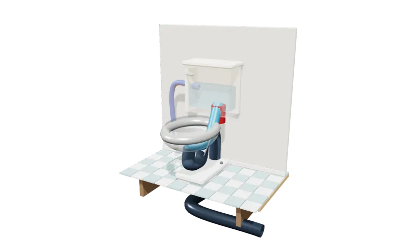 Illustrated 3D model of the toilet in a room setting, with its parts in place