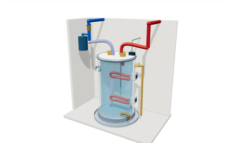 Illustrated 3D model of the storage water heater in a room setting, with its parts in place