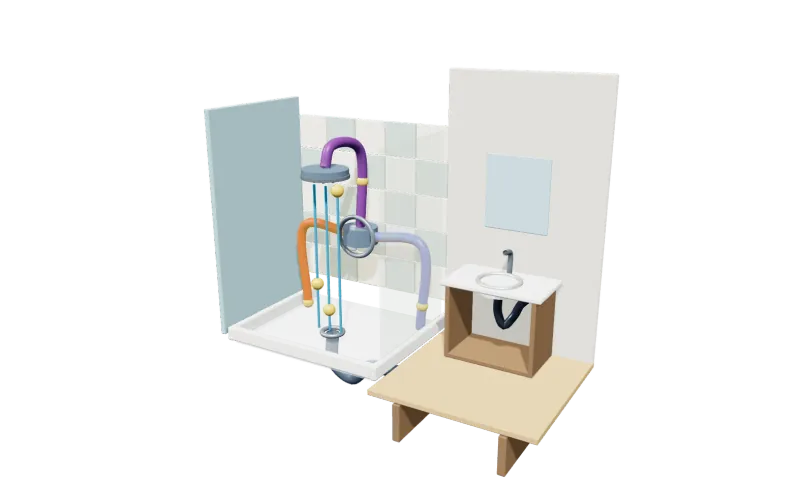Illustrated 3D model of the shower & bathroom sink in a room setting, with its parts in place