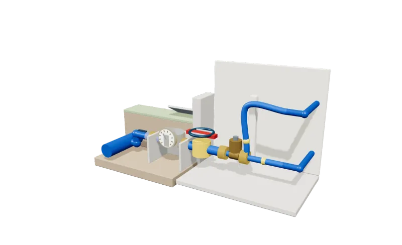 Illustrated 3D model of the water supply & shutoff in a room setting, with its parts in place
